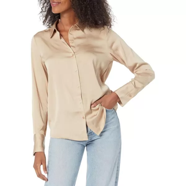 Amazon Essentials Womens ClassicFit Satin Button Down Blouse Available in Plus SizeTan