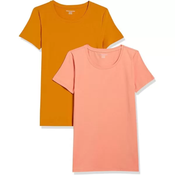 Amazon Essentials Womens ClassicFit ShortSleeve Crewneck TShirt Multipacks2 Coral OrangeGolden Yellow