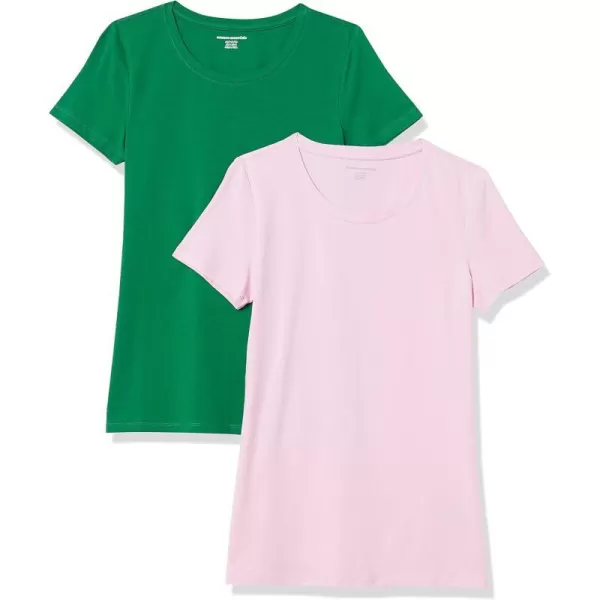 Amazon Essentials Womens ClassicFit ShortSleeve Crewneck TShirt Multipacks2 GreenLight Pink