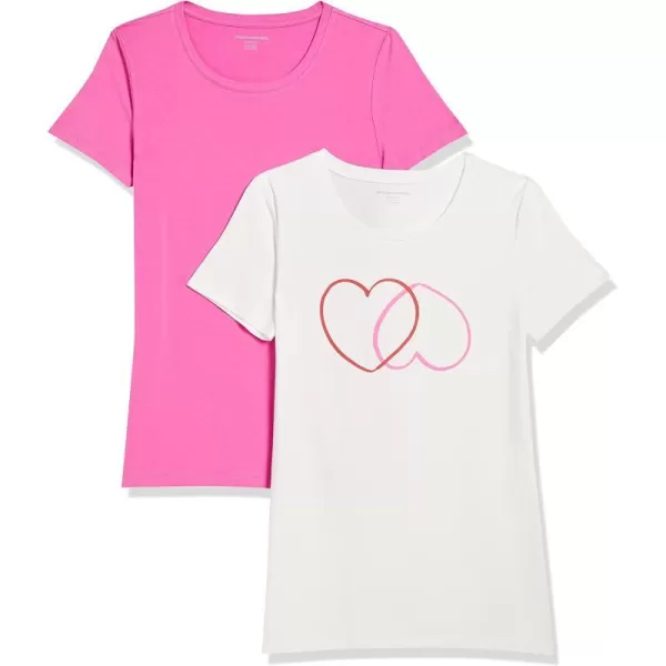 Amazon Essentials Womens ClassicFit ShortSleeve Crewneck TShirt Multipacks2 PinkWhite Hearts