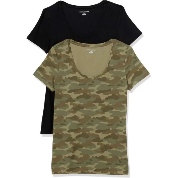 Amazon Essentials Womens ClassicFit ShortSleeve Scoop Neck TShirt Available in Plus Size Pack of 2BlackGreen Camo