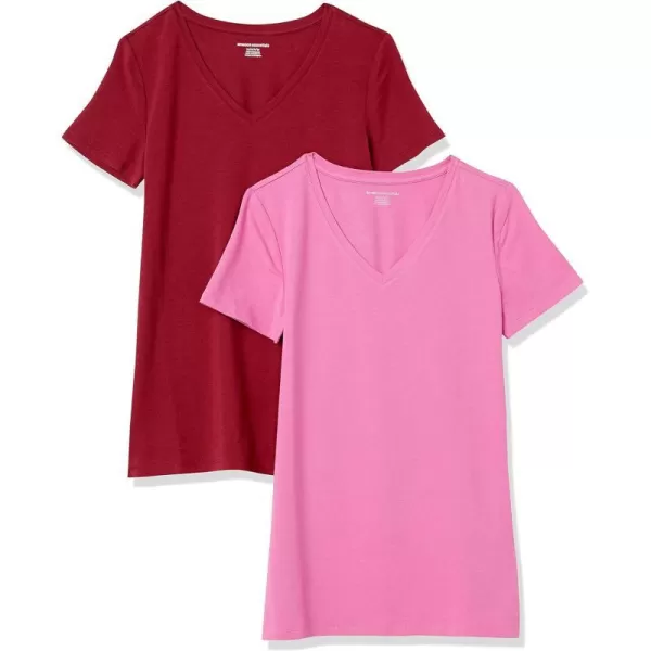 Amazon Essentials Womens ClassicFit ShortSleeve VNeck TShirt Multipacks2 BurgundyPink