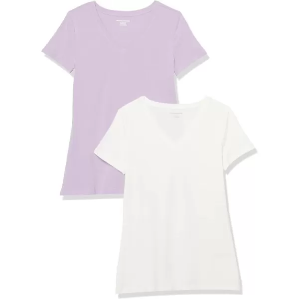 Amazon Essentials Womens ClassicFit ShortSleeve VNeck TShirt Multipacks2 Pastel LilacWhite