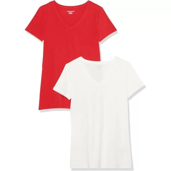 Amazon Essentials Womens ClassicFit ShortSleeve VNeck TShirt Multipacks2 RedWhite