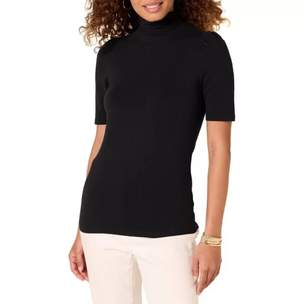 Amazon Essentials Womens Cotton Modal Draped Puff Sleeve TurtleneckBlack