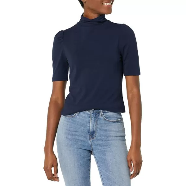 Amazon Essentials Womens Cotton Modal Draped Puff Sleeve TurtleneckNavy