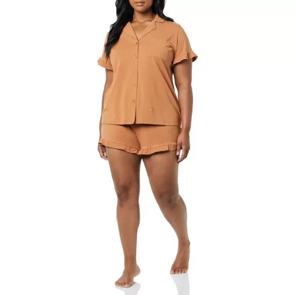 Amazon Essentials Womens Cotton Modal Piped Notch Collar Pajama Set Available in Plus SizeLight Caramel