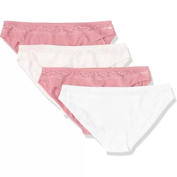 Amazon Essentials Womens Cotton and Lace Bikini Underwear Pack of 4Bright WhitePale PinkMauve