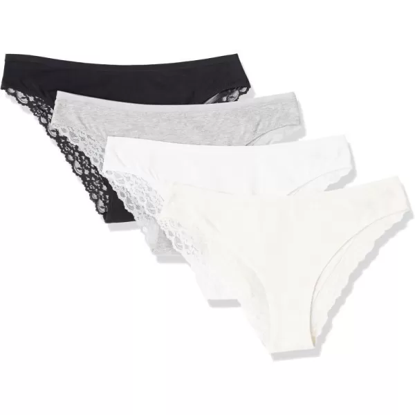 Amazon Essentials Womens Cotton and Lace Cheeky Brazilian Underwear Pack of 4BlackPinkLight Grey Marl