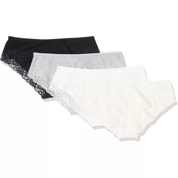 Amazon Essentials Womens Cotton and Lace Hipster Underwear Pack of 4BlackPinkLight Grey Marl