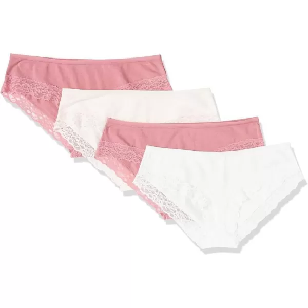 Amazon Essentials Womens Cotton and Lace Hipster Underwear Pack of 4Bright WhitePale PinkMauve