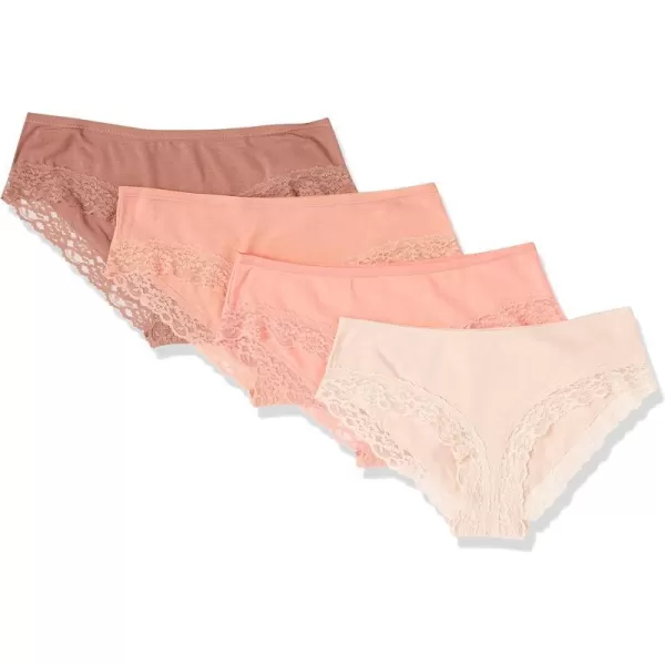 Amazon Essentials Womens Cotton and Lace Hipster Underwear Pack of 4Salmon PinkBrownLight Rose