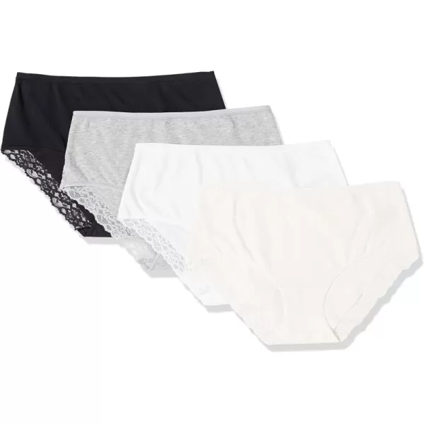 Amazon Essentials Womens Cotton and Lace Midi Brief Underwear Pack of 4BlackPinkLight Grey Marl