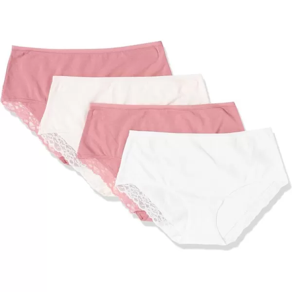 Amazon Essentials Womens Cotton and Lace Midi Brief Underwear Pack of 4Bright WhitePale PinkMauve