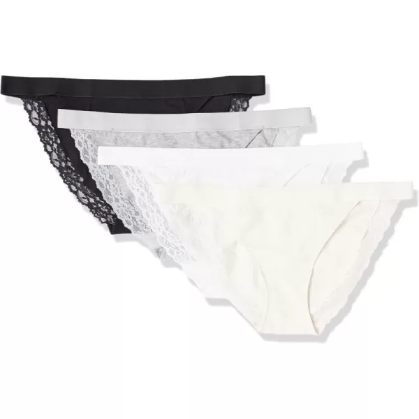 Amazon Essentials Womens Cotton and Lace Tanga Brief Pack of 4BlackPinkLight Grey Marl