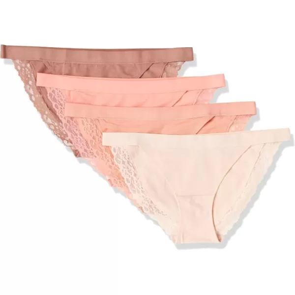 Amazon Essentials Womens Cotton and Lace Tanga Brief Pack of 4Salmon PinkBrownLight Rose