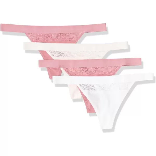 Amazon Essentials Womens Cotton and Lace Thong Underwear Pack of 4Bright WhitePale PinkMauve