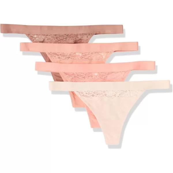 Amazon Essentials Womens Cotton and Lace Thong Underwear Pack of 4Salmon PinkBrownLight Rose