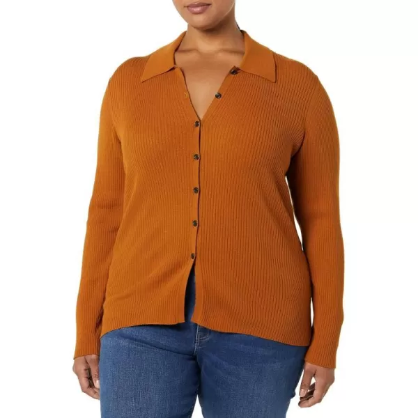 Amazon Essentials Womens Fine Gauge Stretch Polo Ribbed Cardigan Previously Daily RitualDark Caramel