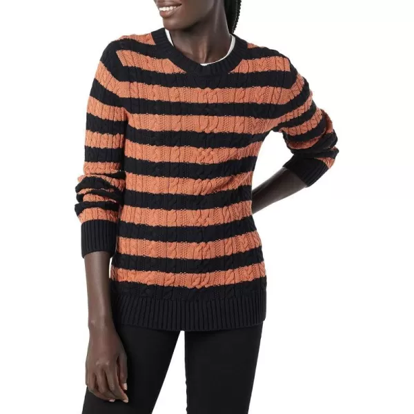 Amazon Essentials Womens Fisherman Cable LongSleeve Crewneck Sweater Available in Plus SizeBlackCaramel Stripe