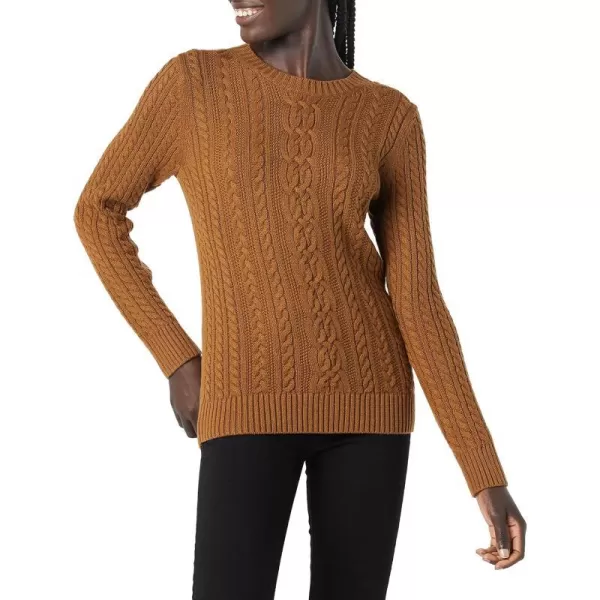 Amazon Essentials Womens Fisherman Cable LongSleeve Crewneck Sweater Available in Plus SizeDark Chestnut Brown Heather