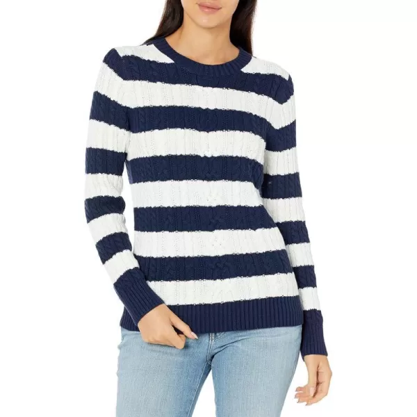 Amazon Essentials Womens Fisherman Cable LongSleeve Crewneck Sweater Available in Plus SizeNavyWhite Stripe