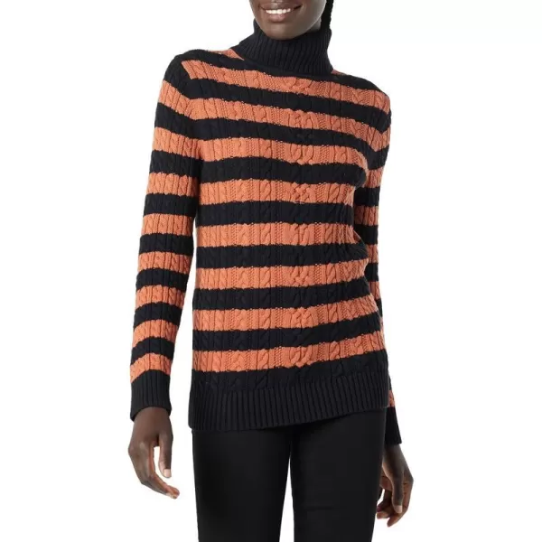 Amazon Essentials Womens Fisherman Cable Turtleneck Sweater Available in Plus SizeBlackCaramel Stripe