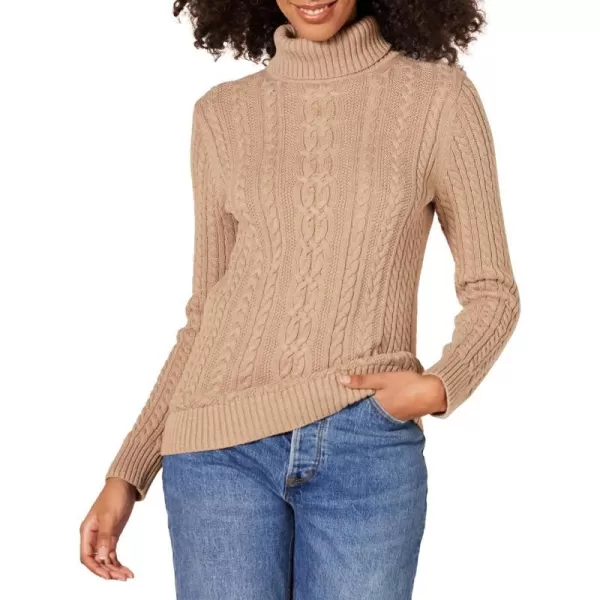 Amazon Essentials Womens Fisherman Cable Turtleneck Sweater Available in Plus SizeCamel Heather