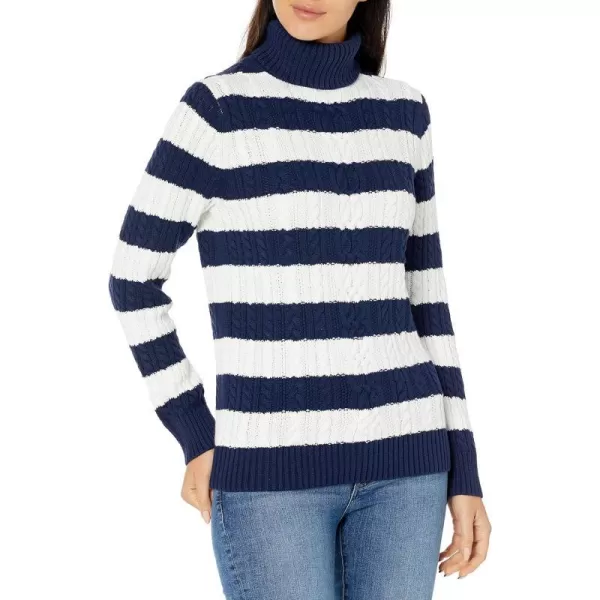 Amazon Essentials Womens Fisherman Cable Turtleneck Sweater Available in Plus SizeNavy White Rugby Stripe