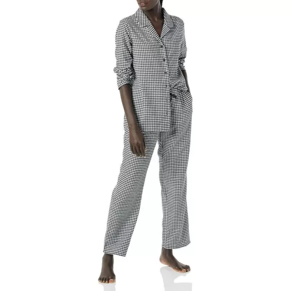 Amazon Essentials Womens Flannel LongSleeve Button Front Shirt and Pant Pajama SetBlackWhite Gingham