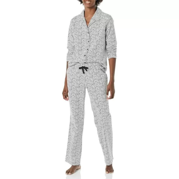 Amazon Essentials Womens Flannel LongSleeve Button Front Shirt and Pant Pajama SetBlackWhite SnowyLeopard