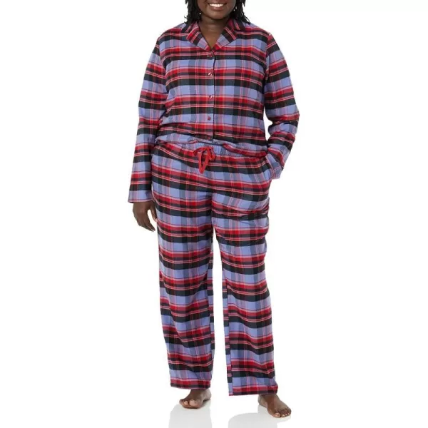 Amazon Essentials Womens Flannel LongSleeve Button Front Shirt and Pant Pajama SetBlue Mixed Tartan