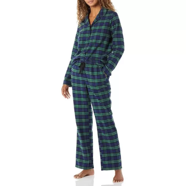 Amazon Essentials Womens Flannel LongSleeve Button Front Shirt and Pant Pajama SetCobalt Blue Green Blackwatch Plaid