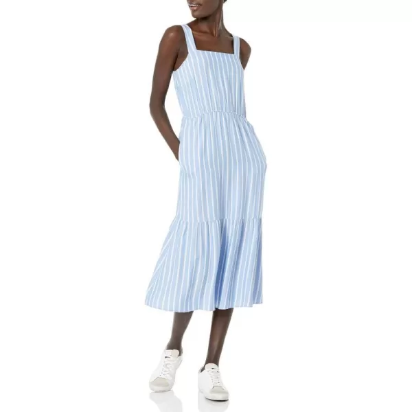 Amazon Essentials Womens Fluid Twill Tiered Fit and Flare DressBlueWhite French Stripe