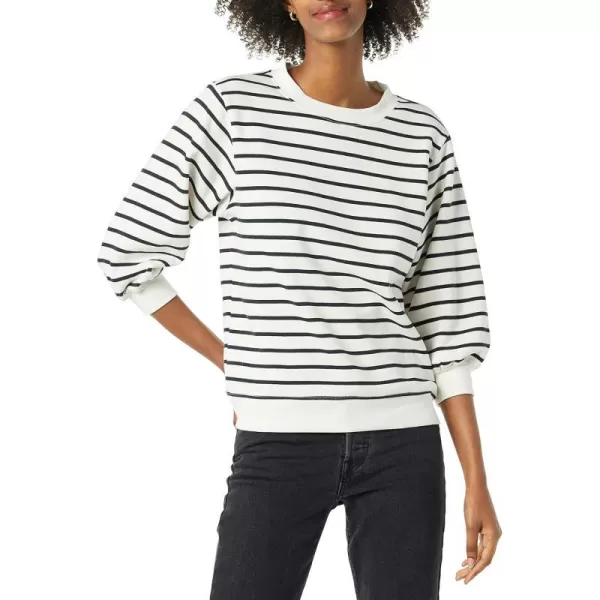 Amazon Essentials Womens French Terry Fleece Sleeve Detail Crewneck SweatshirtBlack White Stripe