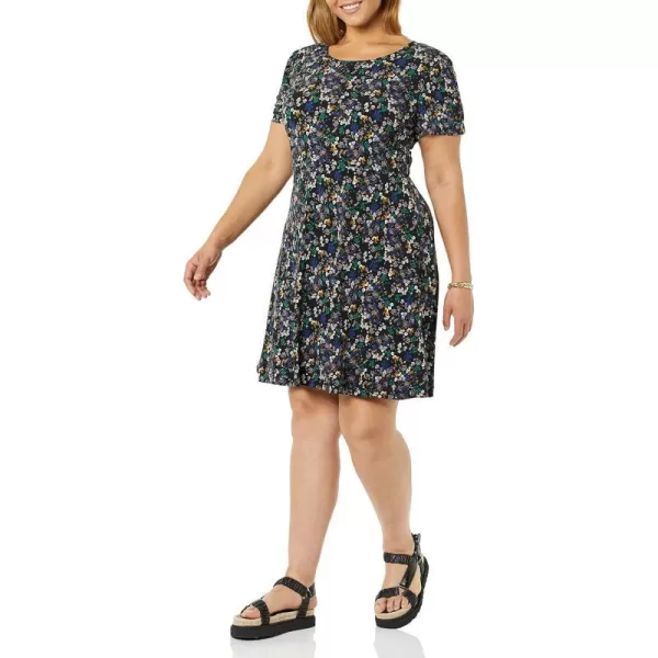 Amazon Essentials Womens Gathered Short Sleeve Crew Neck Aline Dress Available in Plus SizeBlack Ditsy Floral