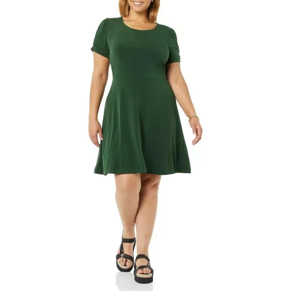 Amazon Essentials Womens Gathered Short Sleeve Crew Neck Aline Dress Available in Plus SizeDark Green