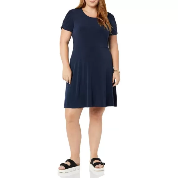 Amazon Essentials Womens Gathered Short Sleeve Crew Neck Aline Dress Available in Plus SizeNavy