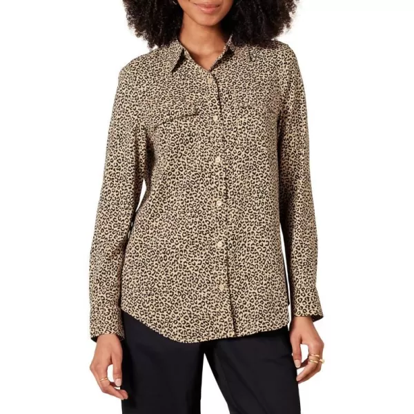 Amazon Essentials Womens Georgette Long Sleeve RelaxedFit Pockets ShirtTaupe Leopard