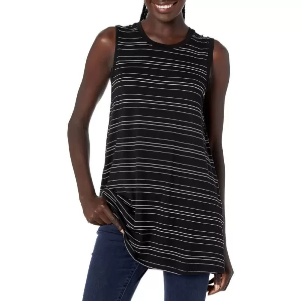 Amazon Essentials Womens Jersey RelaxedFit MuscleSleeve Swing Tunic Previously Daily RitualRayon Blend Black White Horizontal Stripe