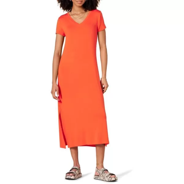 Amazon Essentials Womens Jersey VNeck Short Sleeve Midi Length DressCoral Orange