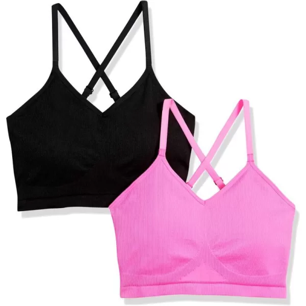 Amazon Essentials Womens LightSupport Strappy Seamless Sports Bra Pack of 2BlackBright Pink