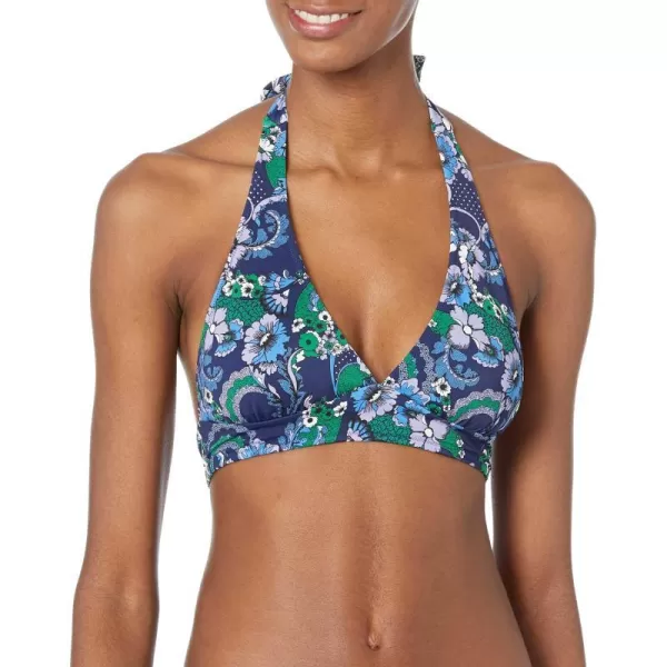 Amazon Essentials Womens LightSupport Tie Halter Bikini Swimsuit Top Available in Plus SizeDeep Blue Paisley