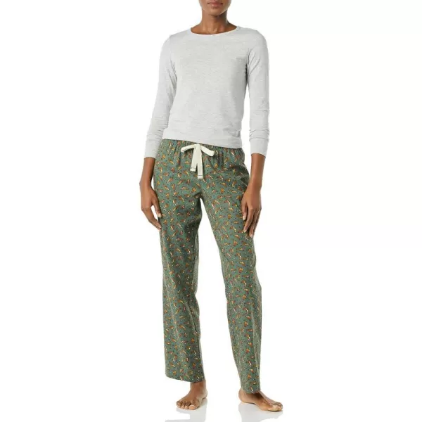 Amazon Essentials Womens Lightweight Flannel Pant and LongSleeve TShirt Sleep Set Available in Plus SizeGreen Squirrel