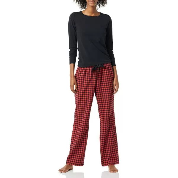 Amazon Essentials Womens Lightweight Flannel Pant and LongSleeve TShirt Sleep Set Available in Plus SizeRedBlack Mini Buffalo Plaid