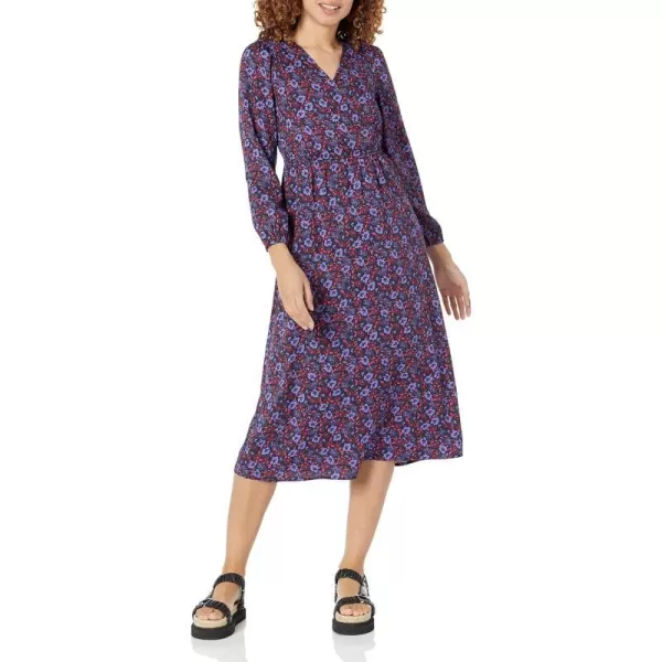 Amazon Essentials Womens Lightweight Georgette Long Sleeve VNeck Midi Dress Available in Plus SizeDark Blue Pansy