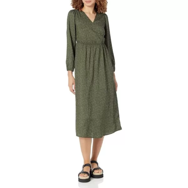 Amazon Essentials Womens Lightweight Georgette Long Sleeve VNeck Midi Dress Available in Plus SizeDark Olive Abstract Animal