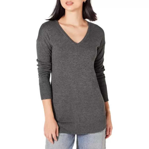 Amazon Essentials Womens Lightweight LongSleeve VNeck Tunic Sweater Available in Plus SizeCharcoal Heather