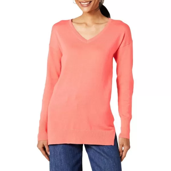 Amazon Essentials Womens Lightweight LongSleeve VNeck Tunic Sweater Available in Plus SizeCoral Pink