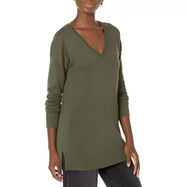 Amazon Essentials Womens Lightweight LongSleeve VNeck Tunic Sweater Available in Plus SizeDark Olive